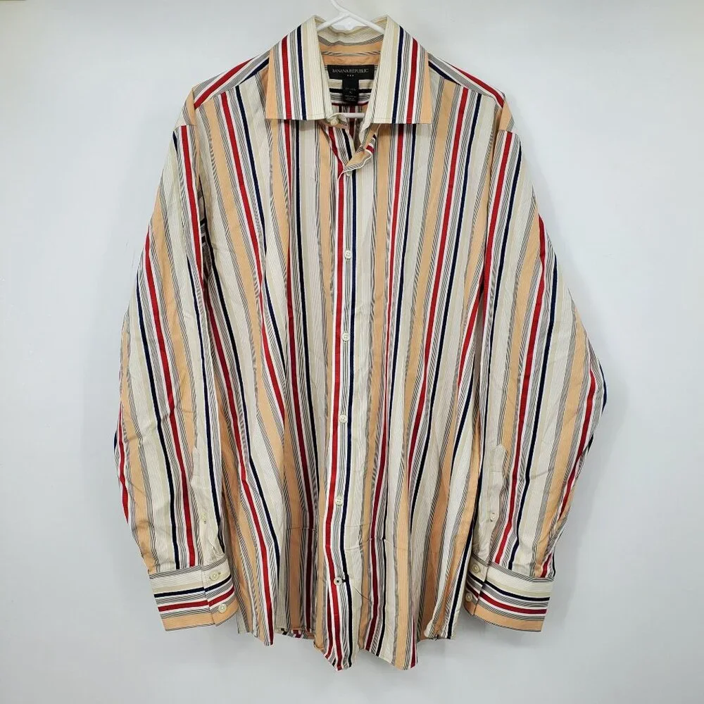 Banana Republic Orange and Red Striped Men's Collared Dress‎ Shirt XL 17 - 17.5